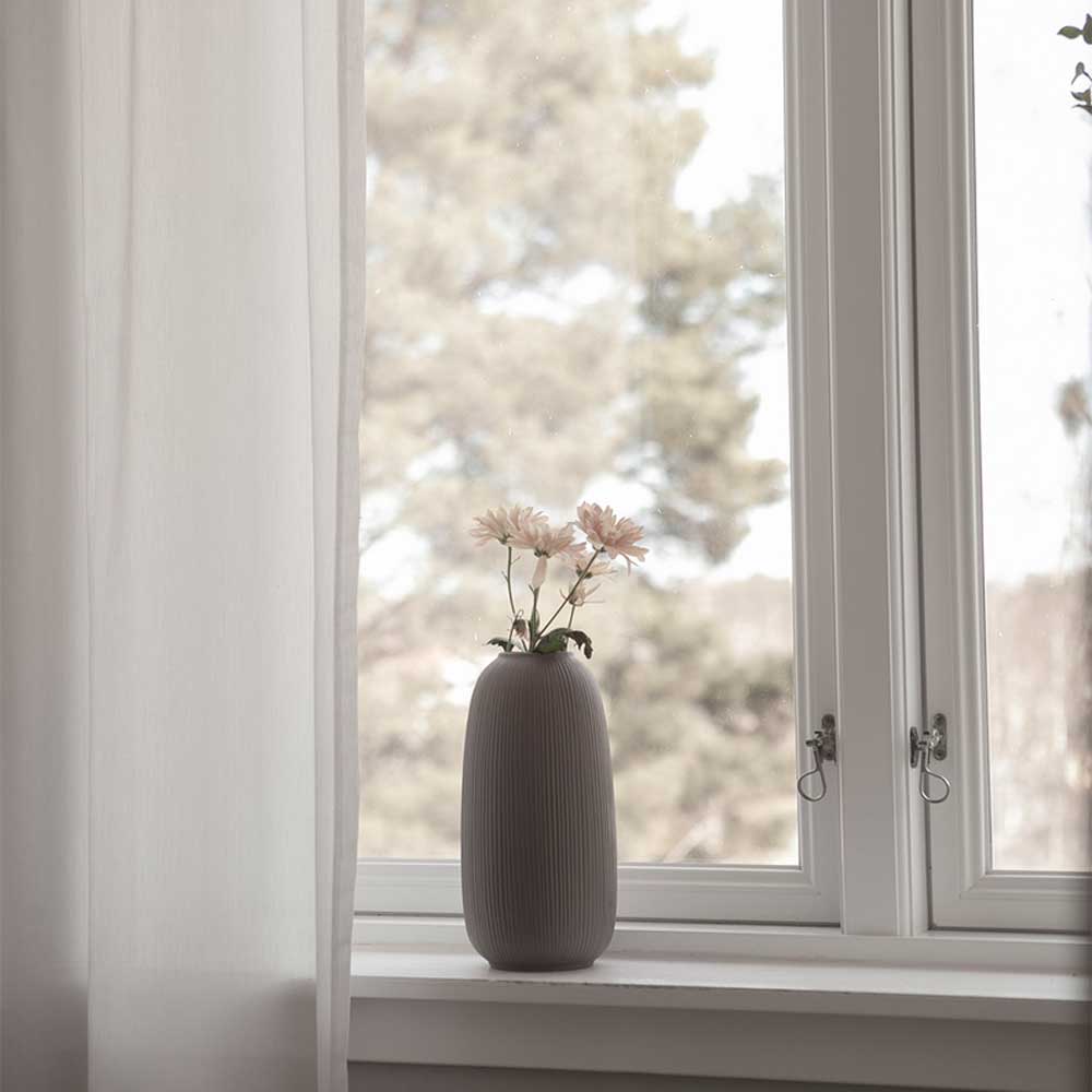 Braune gerillte Åby mit hellen Blüten auf einer weißen Fensterbank
