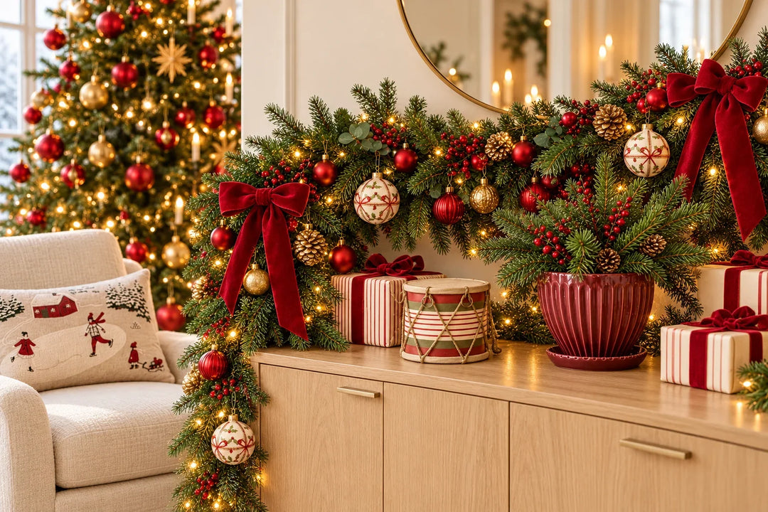 Festliche Weihnachtsdeko im modernen Landhausstil mit heller Eiche, roten Samtschleifen, Tannengrün, Vintage-Trommel und Anna-Topf