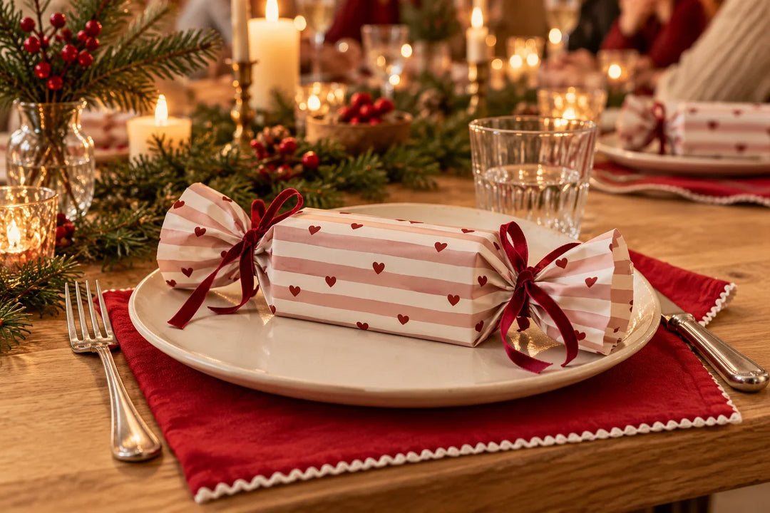 Geschenkbonbon aus rosa Herzchenpapier auf einem Weihnachtsteller mit roter Dagmar-Serviette