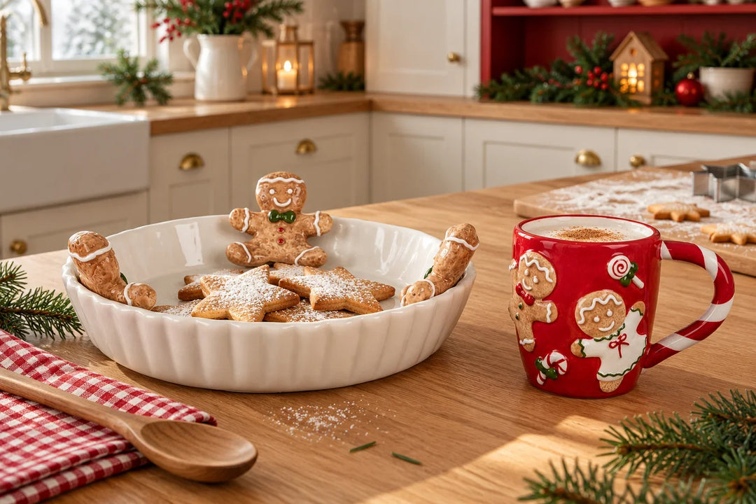 Weihnachtliche Küche mit weißer Clayre-&-Eef-Lebkuchenschale und roter Tasse