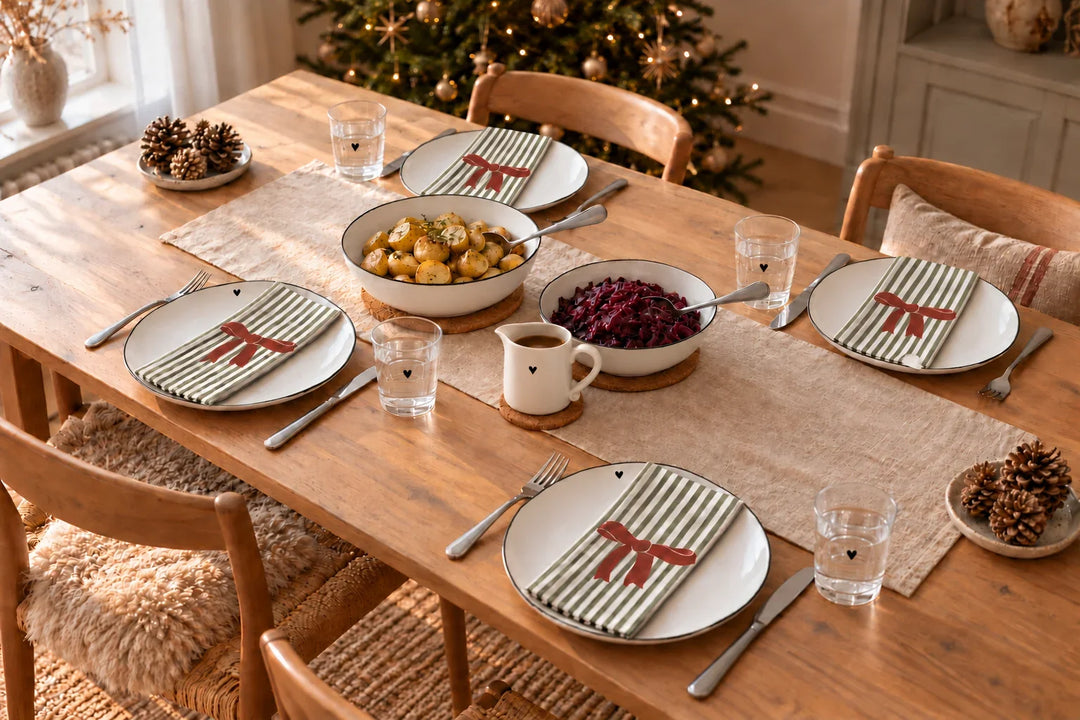 Weihnachtstisch für vier Personen mit Ib-Laursen-Servietten, Kartoffeln, Rotkohl und Sauciere. Mit weißem Bastion-Collections-Geschirr, schwarzem Rand und kleinem Herz. Dazu glatte Bastion-Glasbecher mit Herz.