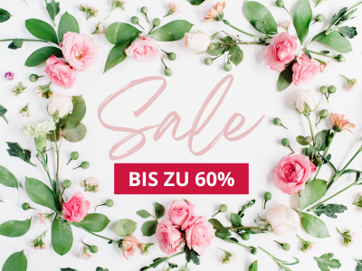 Rosa und weiße Blumen sind um den Text „Sale bis zu 60 %“ auf weißem Hintergrund angeordnet und werben für einen Ausverkauf mit bis zu 60 Prozent Rabatt.