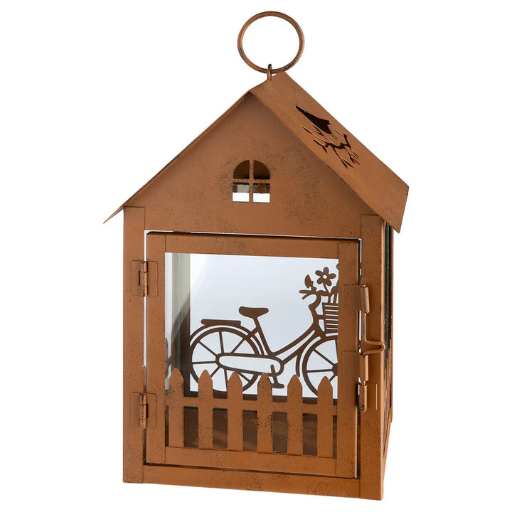Gilde - Laterne Haus Gartenfahrrad Rost 3D mit Glaseinsatz