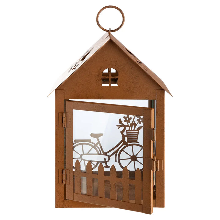 Gilde - Laterne Haus Gartenfahrrad Rost 3D mit Glaseinsatz