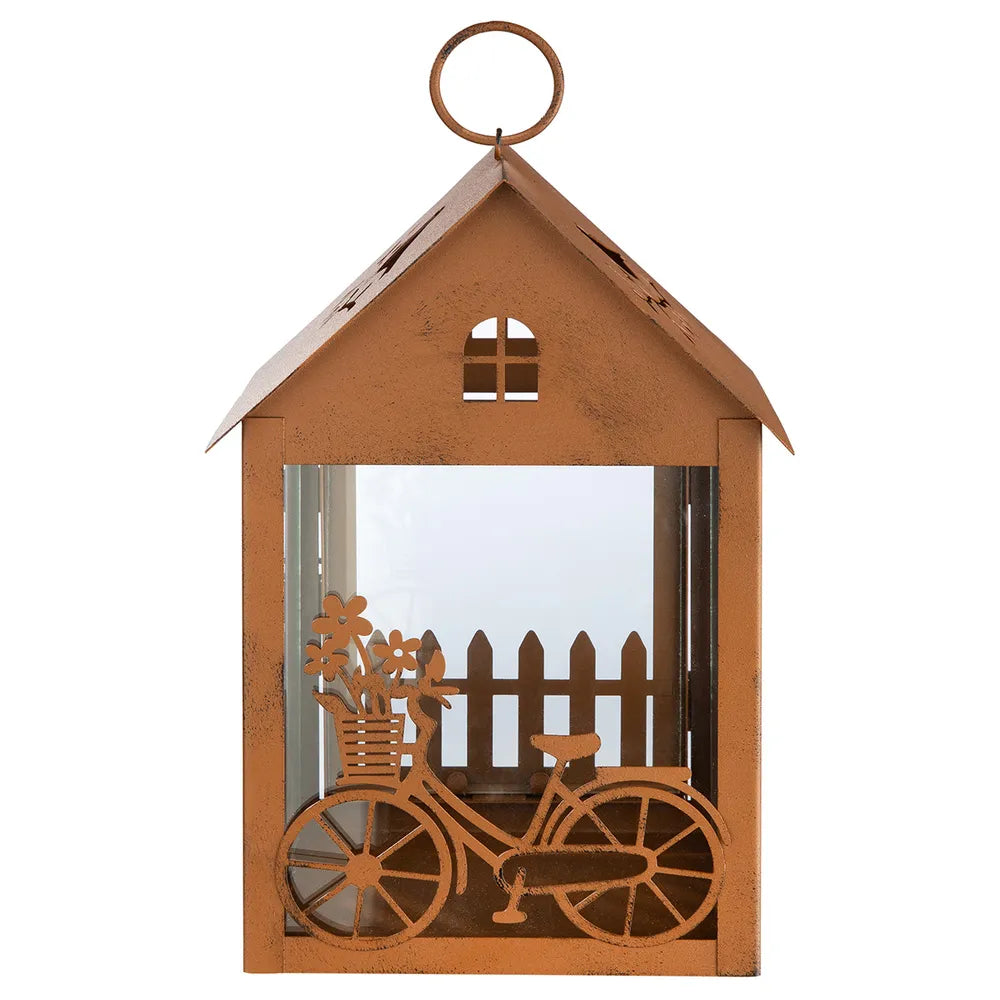 Gilde - Laterne Haus Gartenfahrrad Rost 3D mit Glaseinsatz