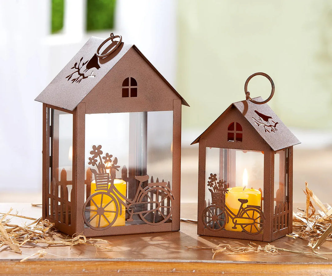 Gilde - Laterne Haus Gartenfahrrad Rost 3D mit Glaseinsatz