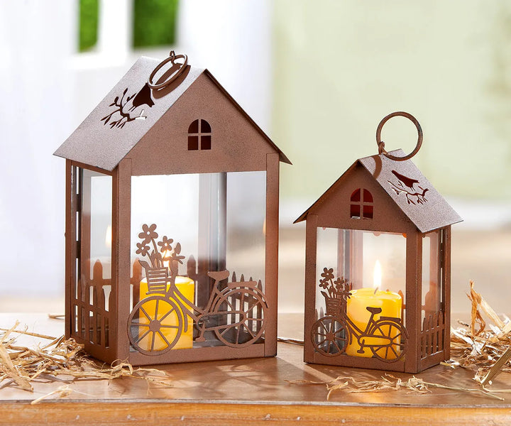 Gilde - Laterne Haus Gartenfahrrad Rost 3D mit Glaseinsatz