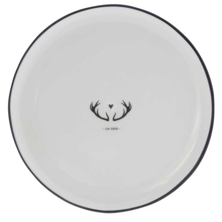 Ein weißer Teller mit dem Bastion Collections – Dessertteller Geweih oh Deer darauf.
