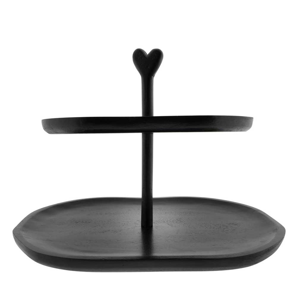 Ein zweistufiger Servierständer aus schwarzem Metall mit einem herzförmigen Griff an der Oberseite, die Bastion Collections - Etagere Groß Holz Schwarz.
