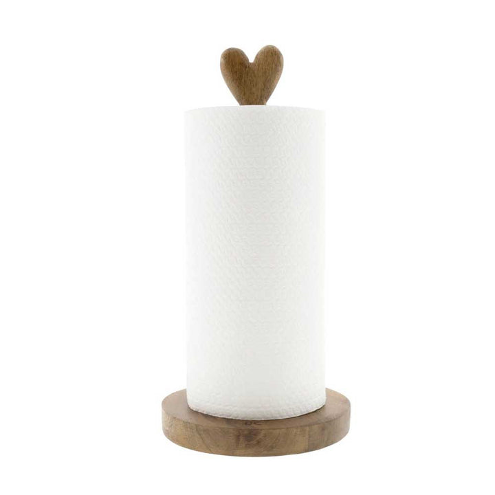 Ein Bastion Collections - Küchenrollenhalter Holz steht vertikal auf einem Holzhalter mit herzförmiger Spitze.