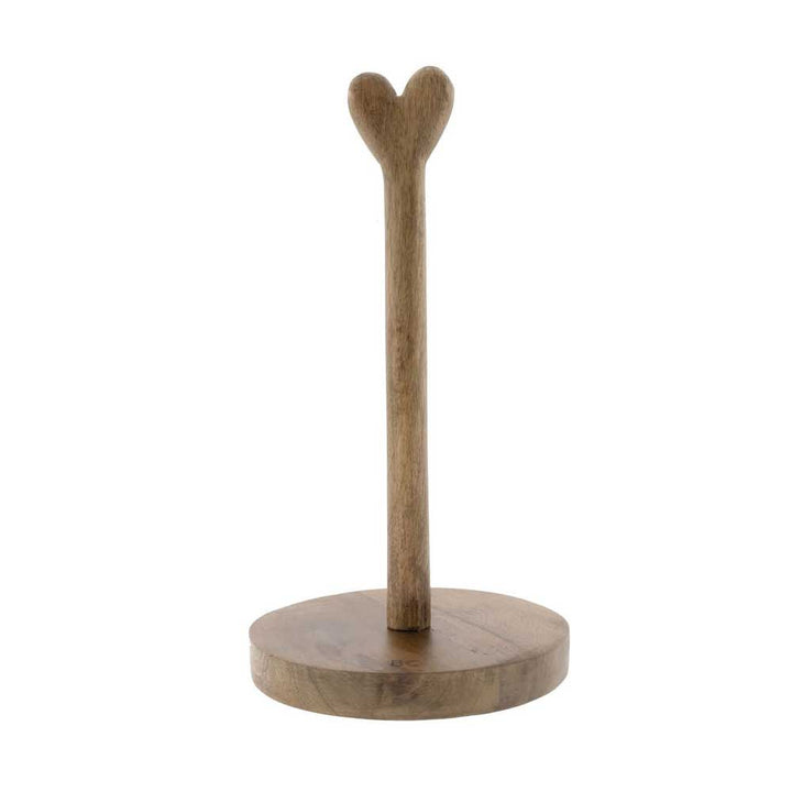 Ein Küchenrollenhalter aus Holz von Bastion Collections mit runder Basis und vertikaler Stange mit herzförmigem Design obendrauf.