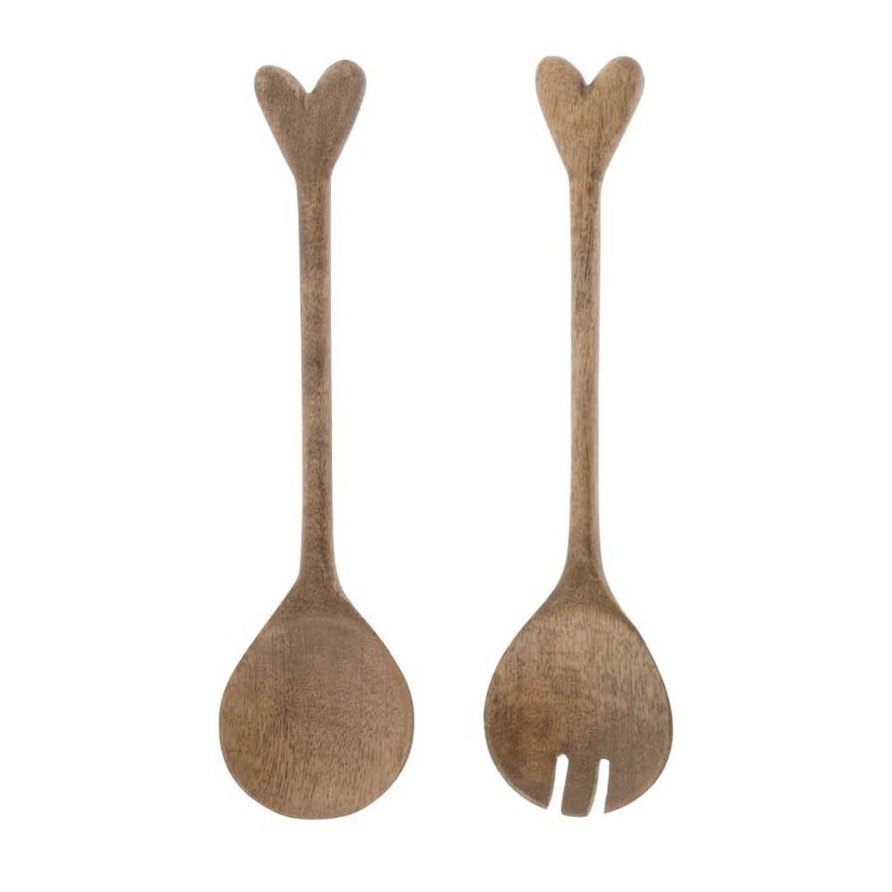 Zwei Bastion Collections - Salatbesteck Holz Natur Set: ein Löffel und eine Gabel, jeweils mit herzförmigem Griff.