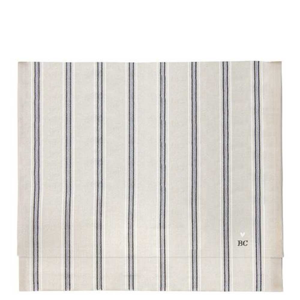 Ein beiger Tischläufer mit vertikalen schwarzen Streifen und „BC“ in der unteren rechten Ecke von Bastion Collections, Maße 160 x 50 cm.
