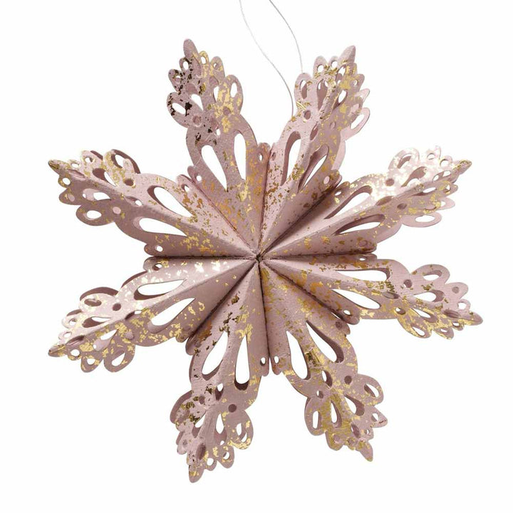 Eine dekorative, rosafarbene, hängende 3D-Schneeflocke von Boltze mit goldenen Sprenkeln und komplizierten ausgeschnittenen Mustern.