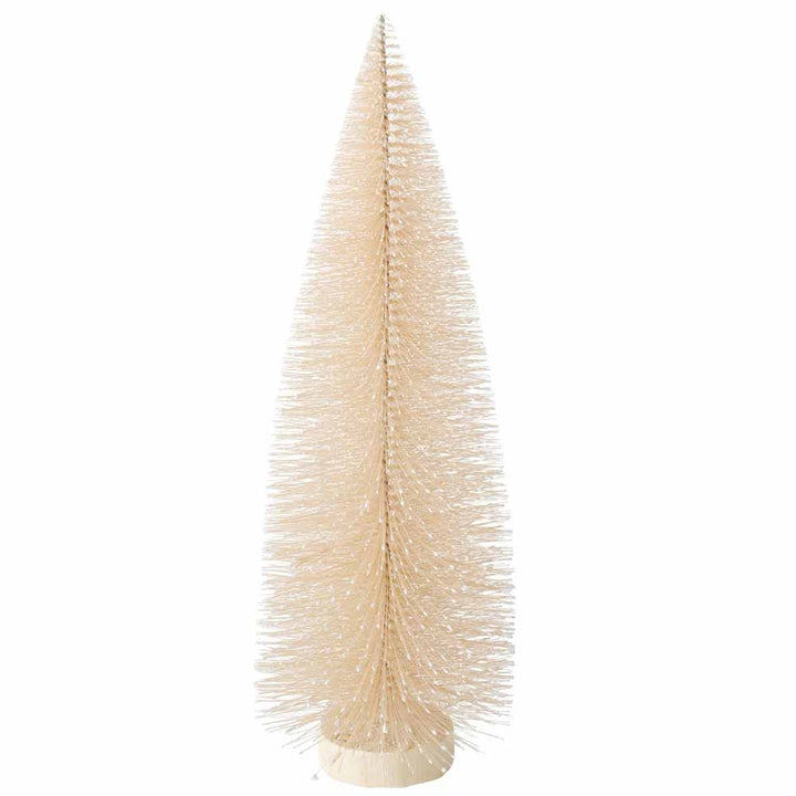 Ein kleiner, pastellbeiger Flaschenbürsten-Weihnachtsbaum mit rundem Holzsockel aus der Vintage-Kollektion von Boltze.