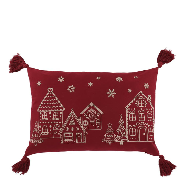 Chic Antique - Aix Kissenbezug mit Quasten & Häusern, L50/B35 cm cherry