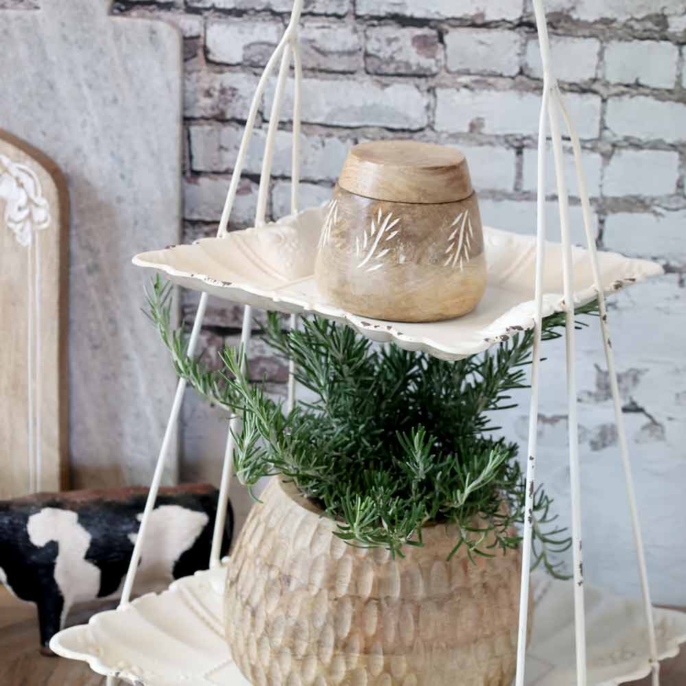 Eine Chic Antique – Etagere mit Henkel präsentiert einen üppig grünen Kräutertopf und ein kleines Holzgefäß vor einer weißen Backsteinwand und schafft so eine rustikale Deko-Szene.