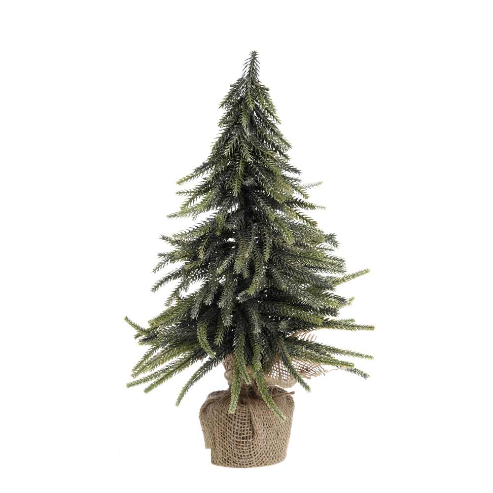 Chic Antique – Fleur Tannenbaum mit Glitzergold mit grünen Zweigen in einem mit Sackleinen umwickelten Topf.