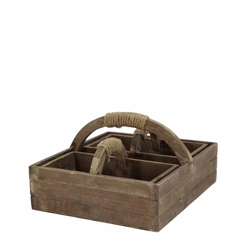 Der Chic Antique Caddy verfügt über ein rustikales Design mit einem seilumwickelten Griff und vier Fächern.