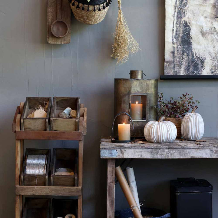 Ein rustikaler Raum mit Holzregalen, Kerzen, Trockenblumen an einer grauen Wand und zwei Chic Antique - Kürbis Deko Creme-Kürbissen auf einem Holztisch.
