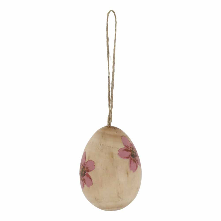 Die Chic Antique Ostereier ist ein hölzernes Eierornament mit rosa Blumenmuster und einer hängenden Schnurschlaufe.