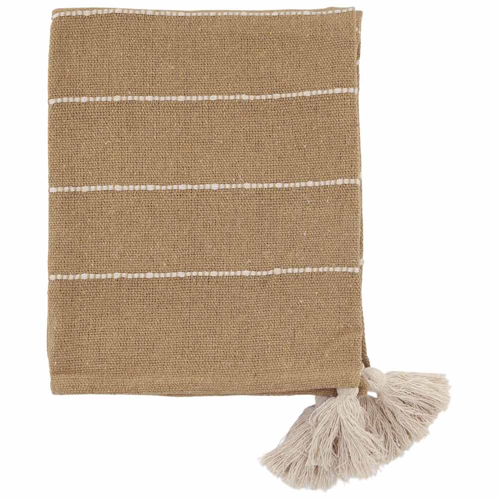 Das Chic Antique – Plaid mit Fransen im Naturbraun-Boho-Look ist eine gefaltete, hellbraune gewebte Decke mit weißen Querstreifen und zwei großen cremefarbenen Quasten an einer Ecke, abgebildet auf weißem Hintergrund.