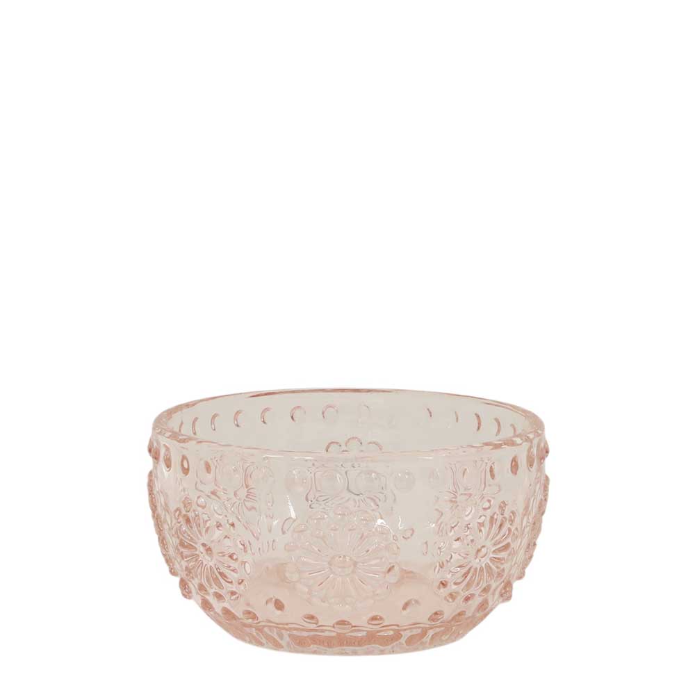 Ein kleiner, runder, hellrosa Teelichthalter aus Glas von Chic Antique mit geprägtem Blumen- und Punktmuster, Vintage Rosa Ø8 cm.