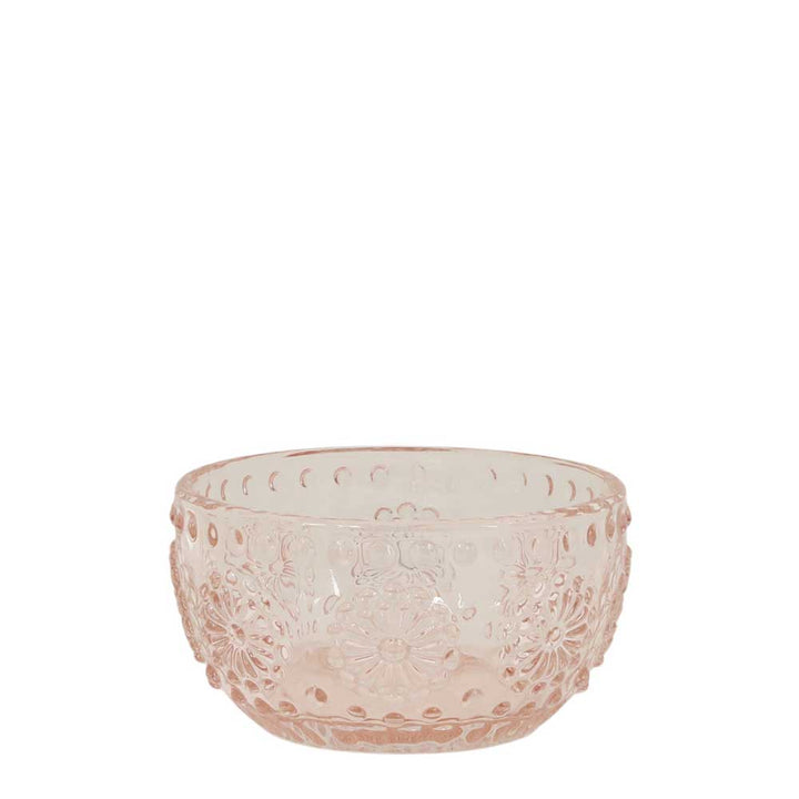 Ein kleiner, runder, hellrosa Teelichthalter aus Glas von Chic Antique mit geprägtem Blumen- und Punktmuster, Vintage Rosa Ø8 cm.