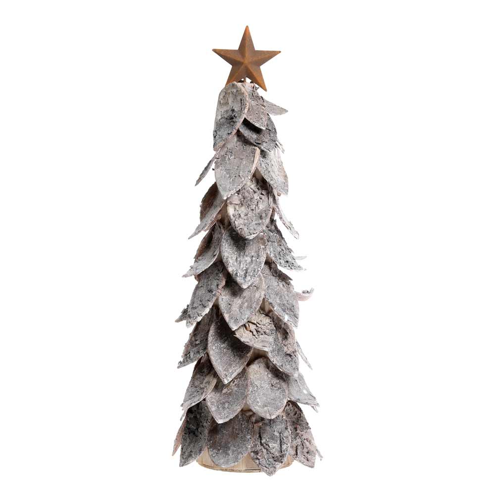 Ein kleiner dekorativer Weihnachtsbaum mit einer geschichteten, blätterähnlichen Textur und einem Stern an der Spitze von Chic Antique namens „Weihnachtsbaum mit Stern“.