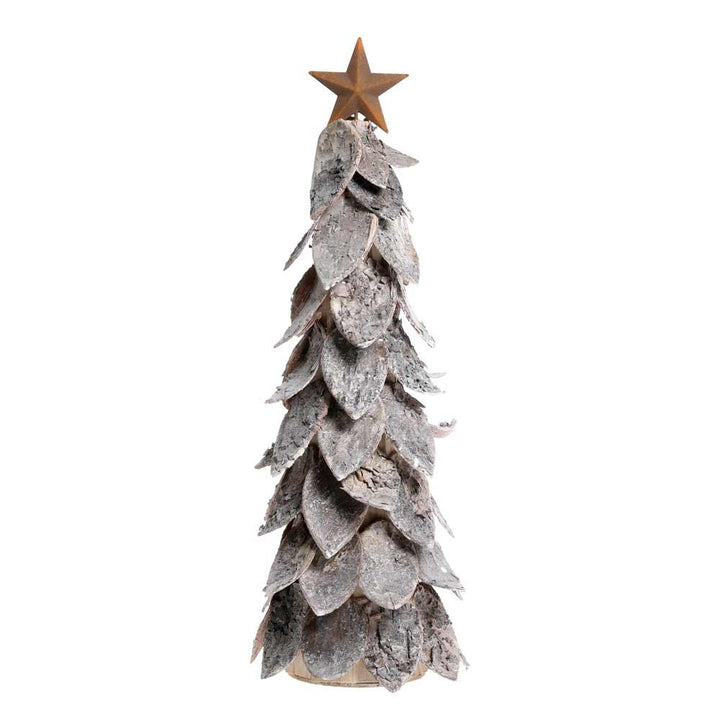 Ein kleiner dekorativer Weihnachtsbaum mit einer geschichteten, blätterähnlichen Textur und einem Stern an der Spitze von Chic Antique namens „Weihnachtsbaum mit Stern“.