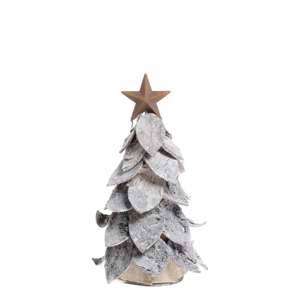 Eine kleine, strukturierte Weihnachtsbaumfigur von Chic Antique mit schneebedeckten Blättern und einem Stern obendrauf.