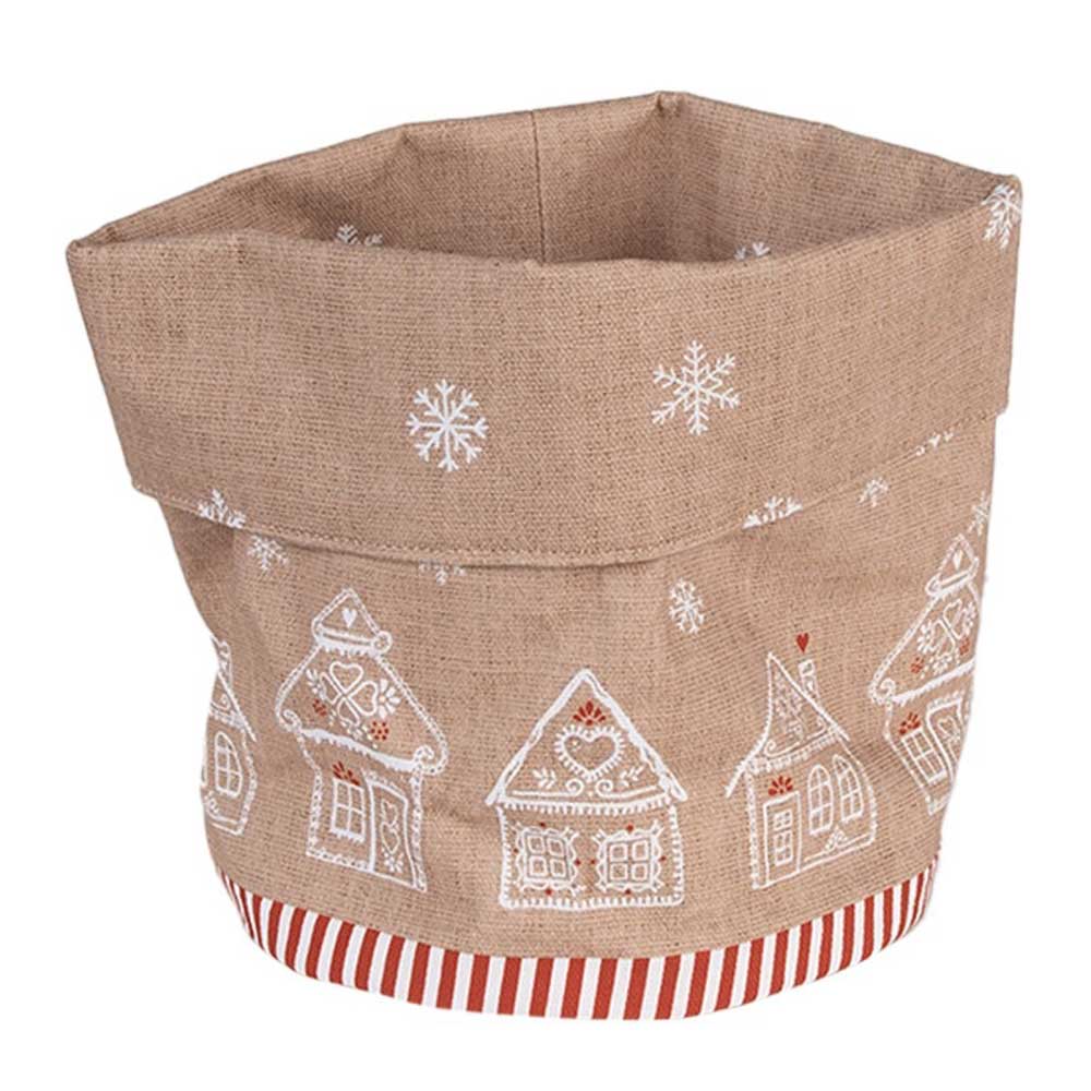 Ein kleiner Stoffkorb von Clayre &amp; Eef namens „Brotkorb Lebkuchenhäuser“ zeigt ein Weihnachtsmotiv mit weißen Aufdrucken von Häusern und Schneeflocken auf braunem Hintergrund, ergänzt durch eine rot-weiß gestreifte Basis.