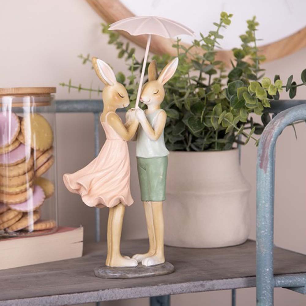 Clayre & Eef - Dekofigur Hasenpaar mit Schirm Romantische Osterdeko