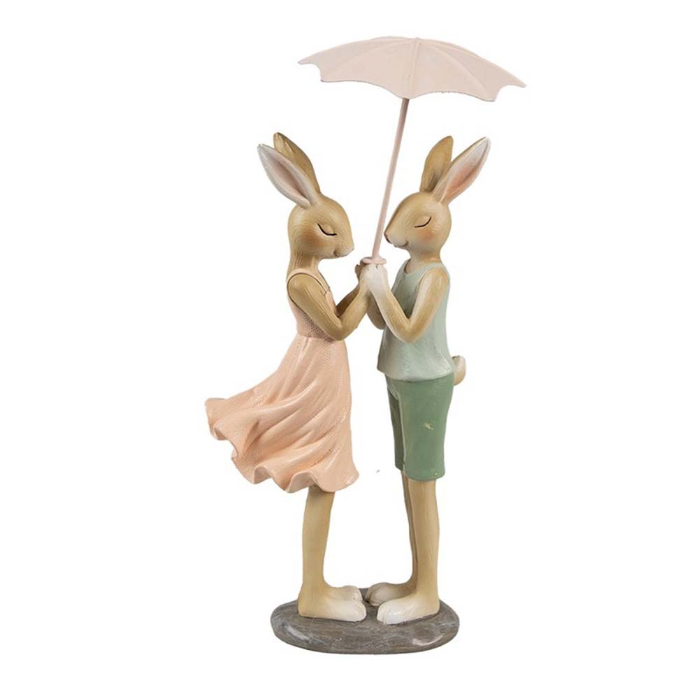 Clayre & Eef - Dekofigur Hasenpaar mit Schirm Romantische Osterdeko