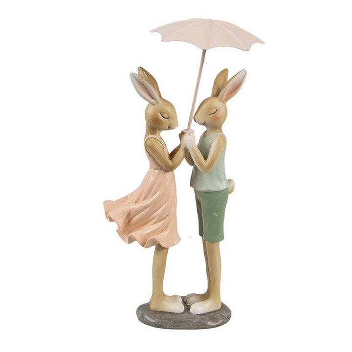 Clayre & Eef - Dekofigur Hasenpaar mit Schirm Romantische Osterdeko