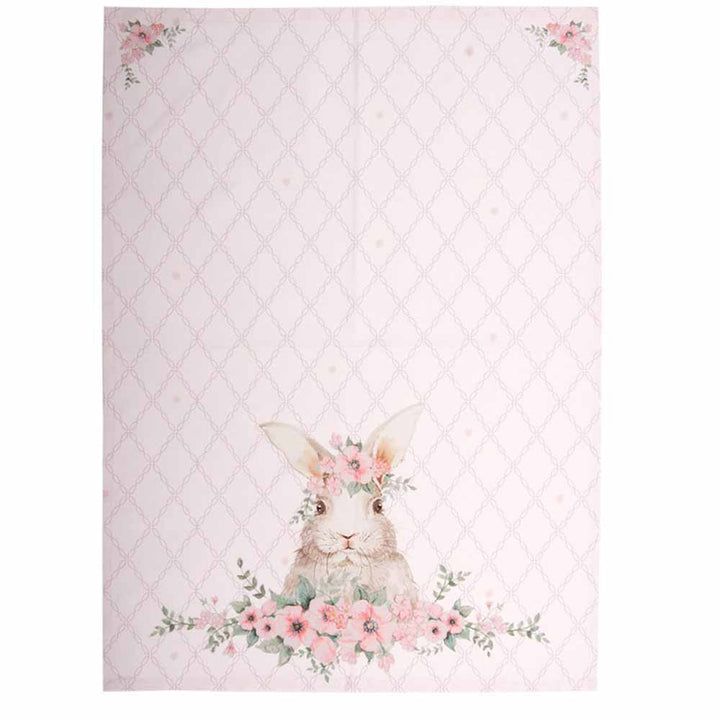 Ein Clayre & Eef - Geschirrtuch Hase Rosa Stückbedruckter Stoff mit einem Hasen und Blumen darauf.