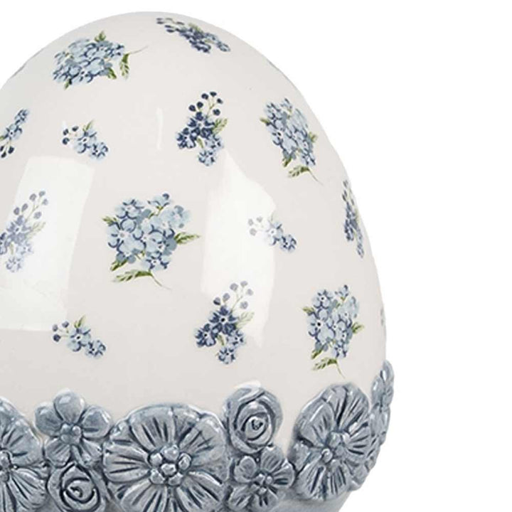 Clayre & Eef - Keramik-Ei mit Blumenmuster & Sockel in Blaugrau