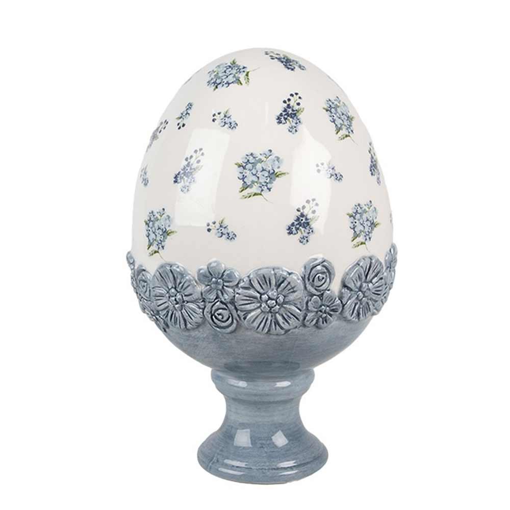 Clayre & Eef - Keramik-Ei mit Blumenmuster & Sockel in Blaugrau
