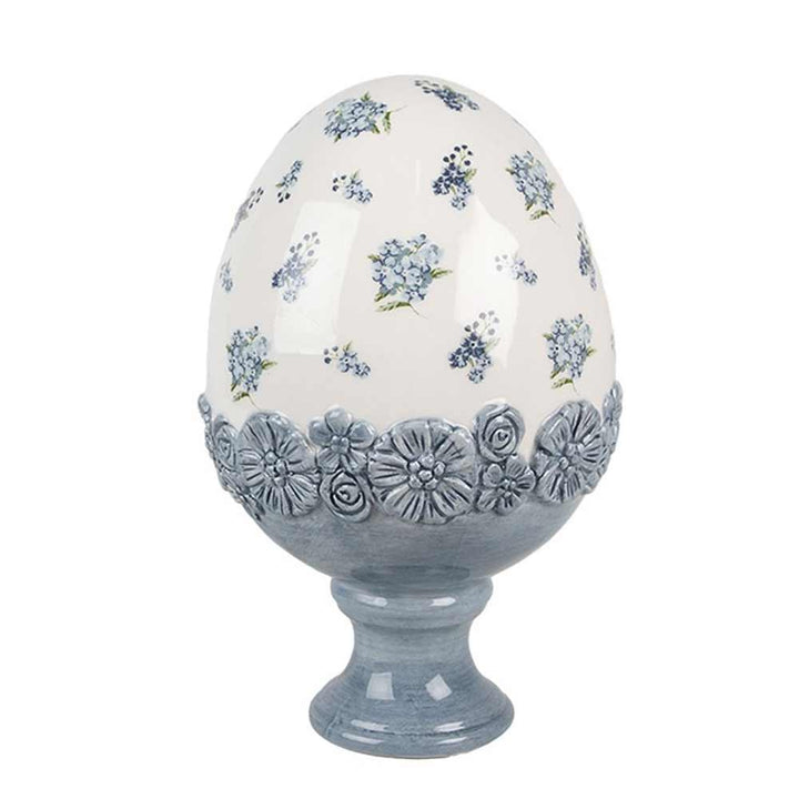 Clayre & Eef - Keramik-Ei mit Blumenmuster & Sockel in Blaugrau
