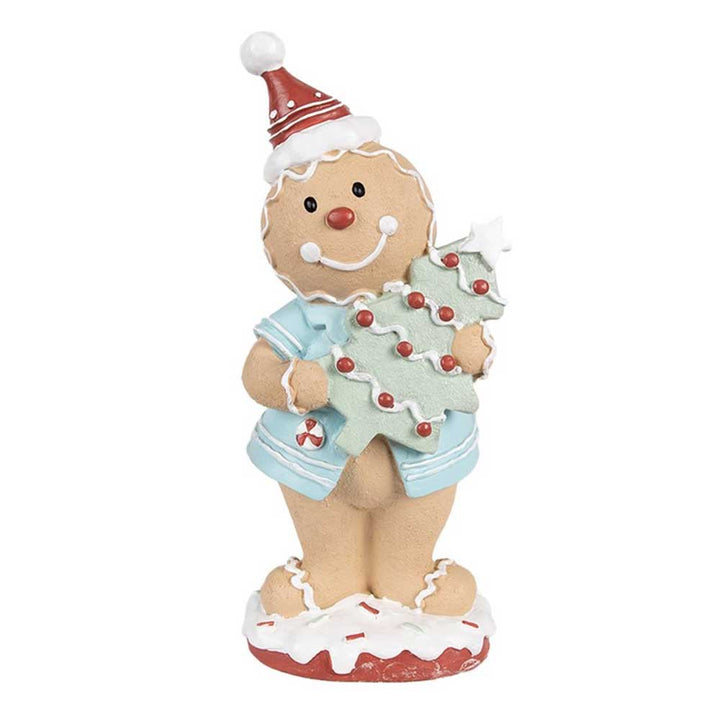 Der „Lebkuchenmann mit Weihnachtsbaum“ von Clayre & Eef besteht aus einer Lebkuchenfigur, die mit einer Weihnachtsmannmütze geschmückt ist und einen grünen Weihnachtsbaum zeigt, alles auf einem schneebedeckten Sockel.