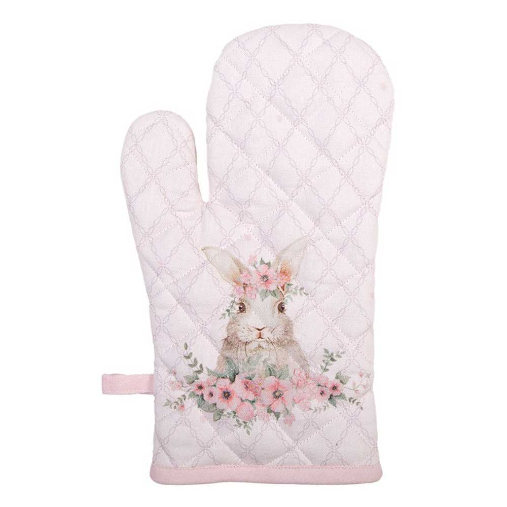 Ein weißer Clayre & Eef - Ofenhandschuh Hase Rosa mit Hasendesign.