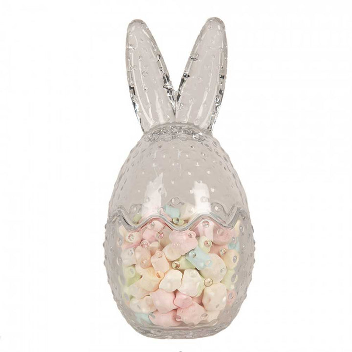 Eine Clayre & Eef - Osterhase Glas Bonbonnière gefüllt mit Marshmallows.