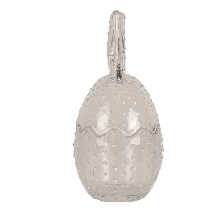 Eine Clayre & Eef - Osterhase Glas Bonbonnière mit Henkel auf weißem Hintergrund.