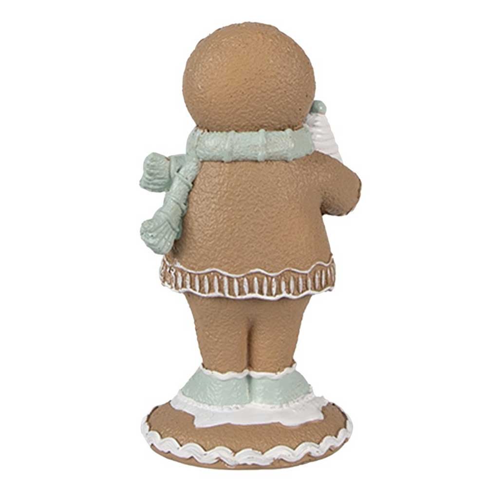 Rückansicht der Clayre & Eef - Pfefferkuchenmann Weihnachtsdekofigur, geschmückt mit einem Schal und detailreichen Zuckerguss-Verzierungen.