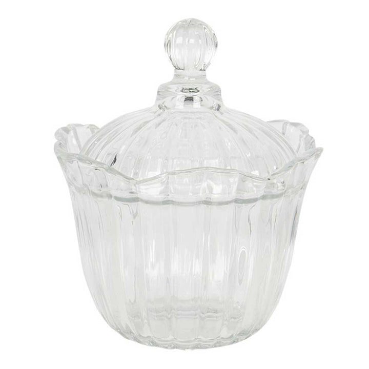 Die Clayre & Eef - Servierschale Glas ist ein klarer Glasbehälter mit gewelltem Rand und rundem Knopf auf dem Deckel.