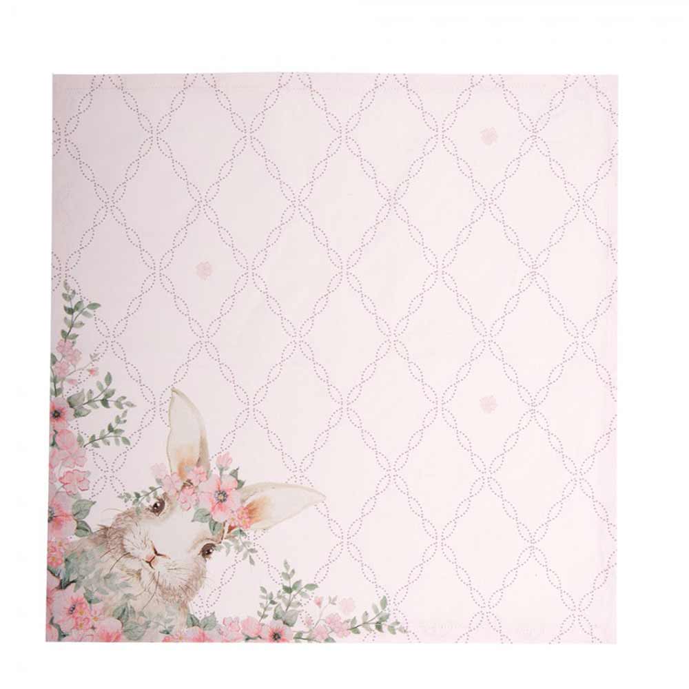 Eine Clayre & Eef - Stoffserviette Hase Rosa mit Blumen auf weißem Hintergrund.