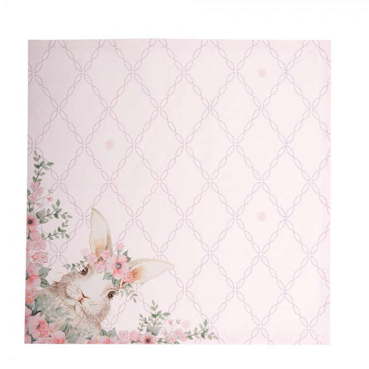 Eine Clayre & Eef - Stoffserviette Hase Rosa mit Blumen auf weißem Hintergrund.