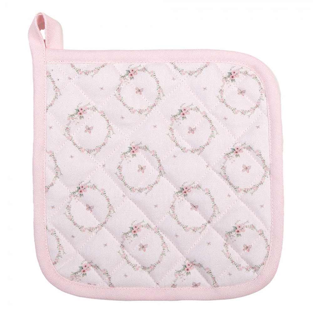 Ein Clayre & Eef - Topflappen Hase Rosa mit Blumenmuster.