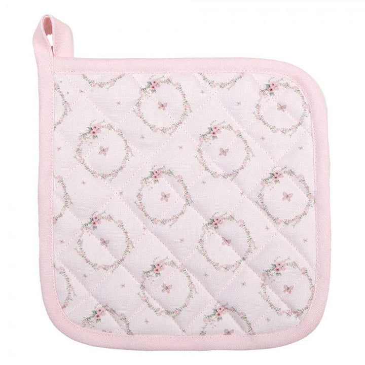 Ein Clayre & Eef - Topflappen Hase Rosa mit Blumenmuster.