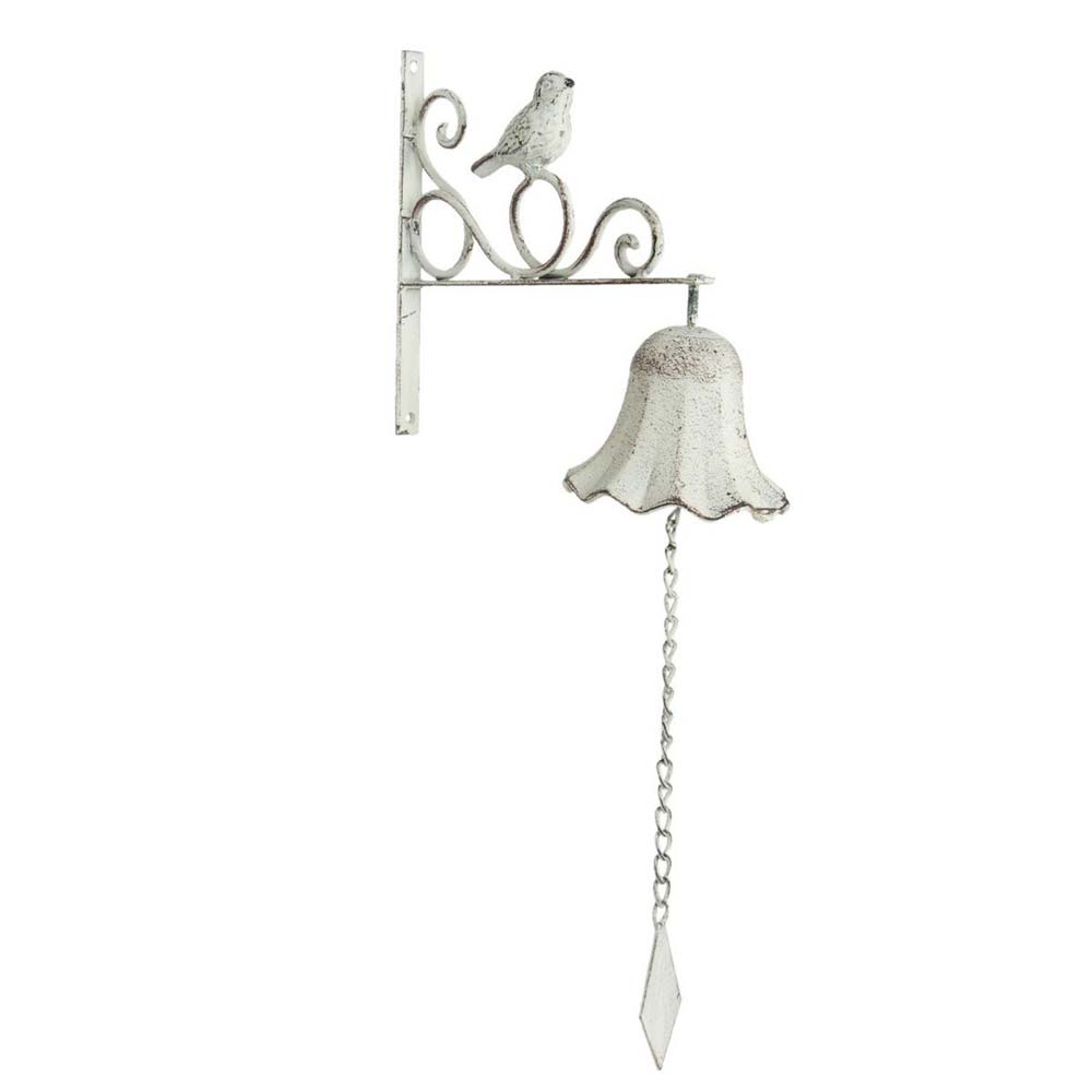 Eine Clayre & Eef - Türklingel Shabby Chic mit Wandhalterung mit einem Vogelornament auf der Halterung und einem hängenden Kettenzug.